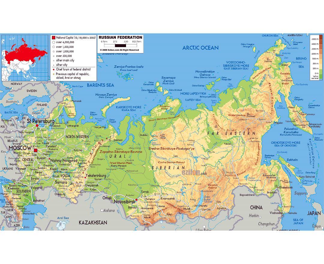 Russia and the republics physical map Russia and republics physical